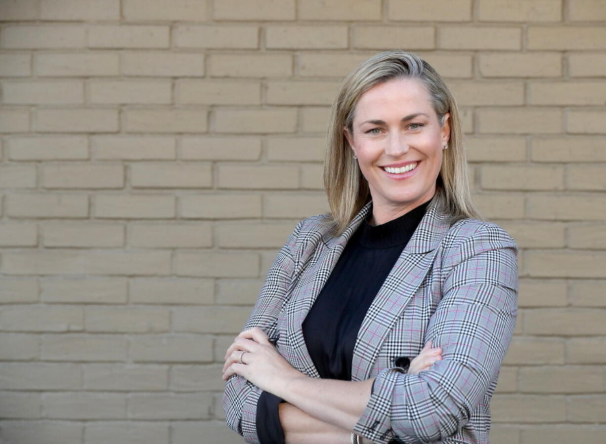 Tiffany Smiley, a Republican from Pasco, Wash., poses for a photo on Feb. 24, 2022 in Seattle. Smiley is challenging Sen. Patty Murray, D-Wash., for her seat in the U.S. Senate.