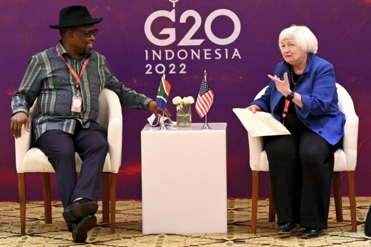 U.S. Treasury Secretary Janet Yellen, right, talks with South African Finance Minister Enoch Godongwana during their bilateral meeting on the sidelines of the G20 Finance Ministers and Central Bank Governors Meeting in Nusa Dua, Bali, Indonesia, on Saturday, July 16, 2022.