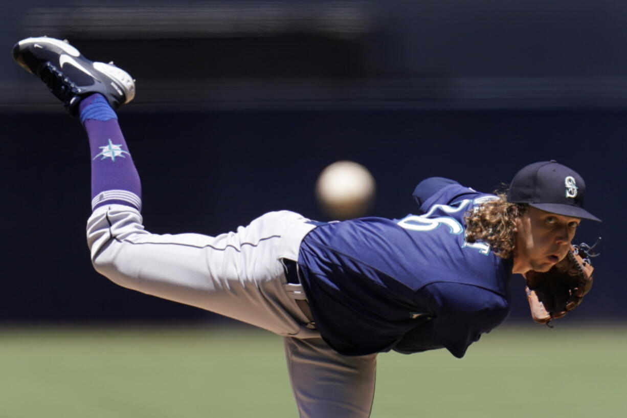 Seattle Mariners starting pitcher Logan Gilbert works against a San Diego Padres batter during the first inning of a baseball game Tuesday, July 5, 2022, in San Diego.