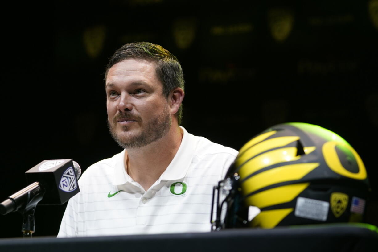 Oregon head coach Dan Lanning speaks during Pac-12 Conference men's NCAA college football media day Friday, July 29, 2022, in Los Angeles.