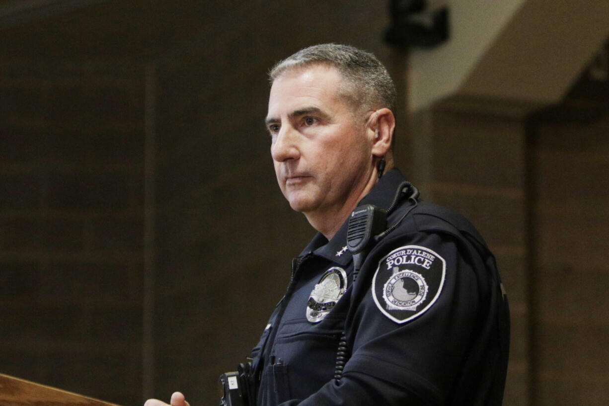 FILE - Lee White, the police chief of Coeur d'Alene, speaks during a news conference at the Coeur d'Alene Library on June 13, 2022, about the arrest of more than two dozen members of Patriot Front near a pride event in Coeur d'Alene, Idaho. Six of the members of a white supremacist group will be in court facing misdemeanor charges of conspiracy to riot.