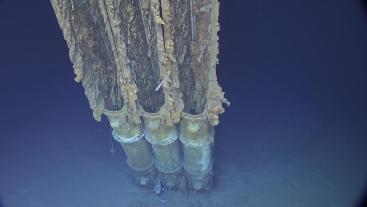 In this Wednesday, June 22, 2022, image provided by Caladan Oceanic, the three-tube torpedo launcher that was part of the USS Samuel B. Roberts can be seen underwater off the Philippines in the Western Pacific Ocean. The U.S. Navy destroyer escort bthat engaged a superior Japanese fleet in the largest sea battle of World War II in the Philippines has become the deepest wreck to be discovered, according to explorers.