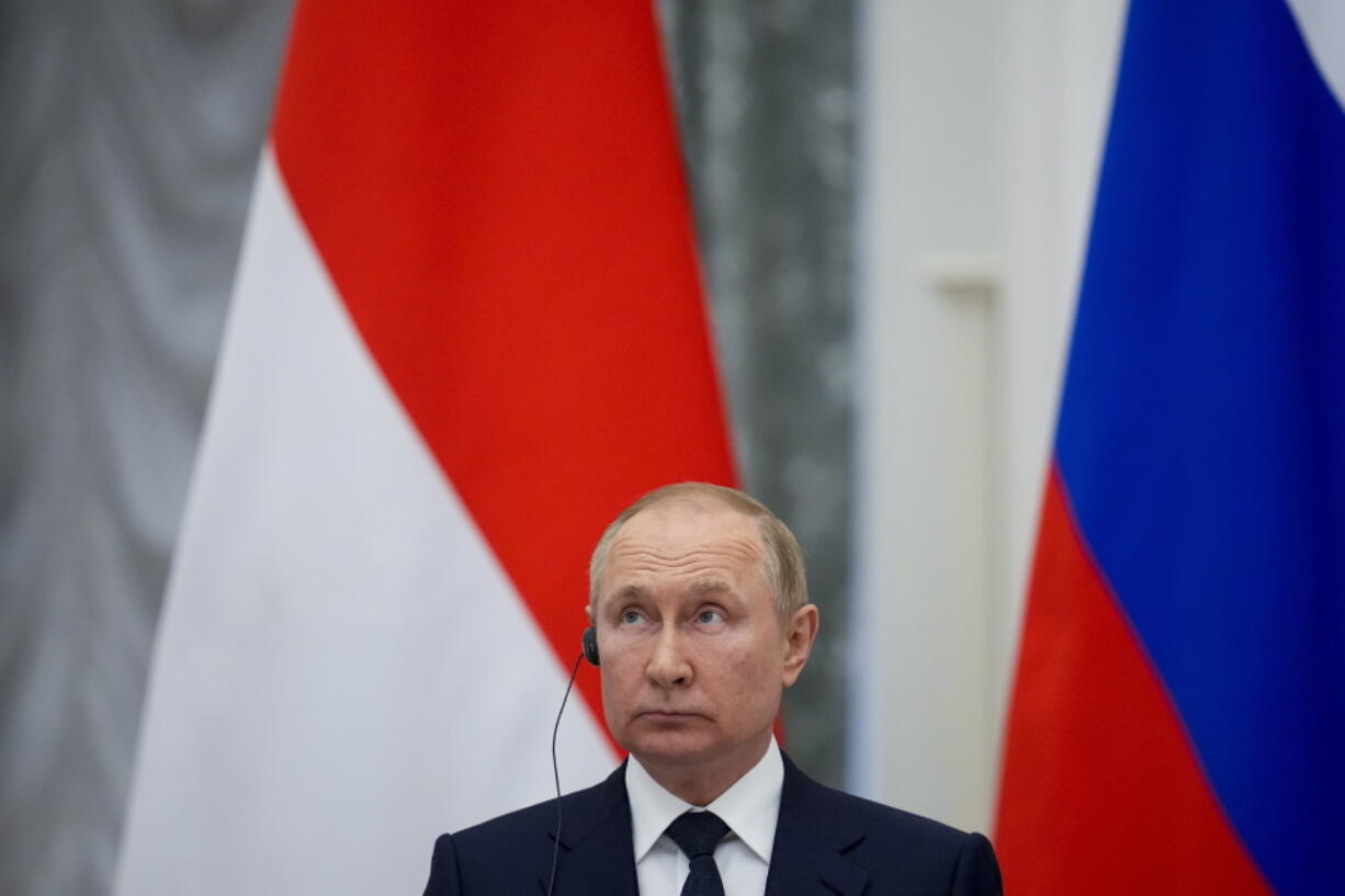 Russian President Vladimir Putin attends a joint news conference with Indonesian President Joko Widodo after their meeting in the Kremlin in Moscow, Russia, Thursday, June 30, 2022. It has not been an easy week for Russian President Vladimir Putin. He took his first foreign trip since the invasion of Ukraine to shore up relations with troublesome Central Asian allies.