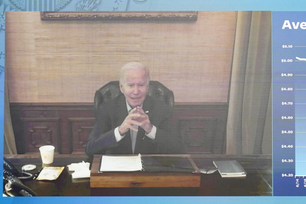 FILE - President Joe Biden speaks virtually during a meeting with his economic team in the South Court Auditorium on the White House complex in Washington, Friday, July 22, 2022. Biden's condition continues to improve since testing positive for the coronavirus, and he likely contracted a highly contagious variant that has been spreading rapidly through the United States, according to an update from his doctor on Saturday, July 23.