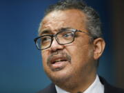 FILE - The head of the World Health Organization, Tedros Adhanom Ghebreyesus speaks during a media conference at an EU Africa summit in Brussels on Feb. 18, 2022.  The World Health Organization says monkeypox still does not warrant being declared a global emergency even though it's spreading in more than 70 countries. The decision announced on Saturday was the second time within weeks that WHO's emergency committee declined to classify the unprecedented outbreak of the once-rare disease as an emergency.