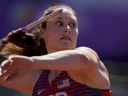 Kara Winger, of the United States, competes in a qualification for the women's javelin throw at the World Athletics Championships on Wednesday, July 20, 2022, in Eugene, Ore. (AP Photo/David J.