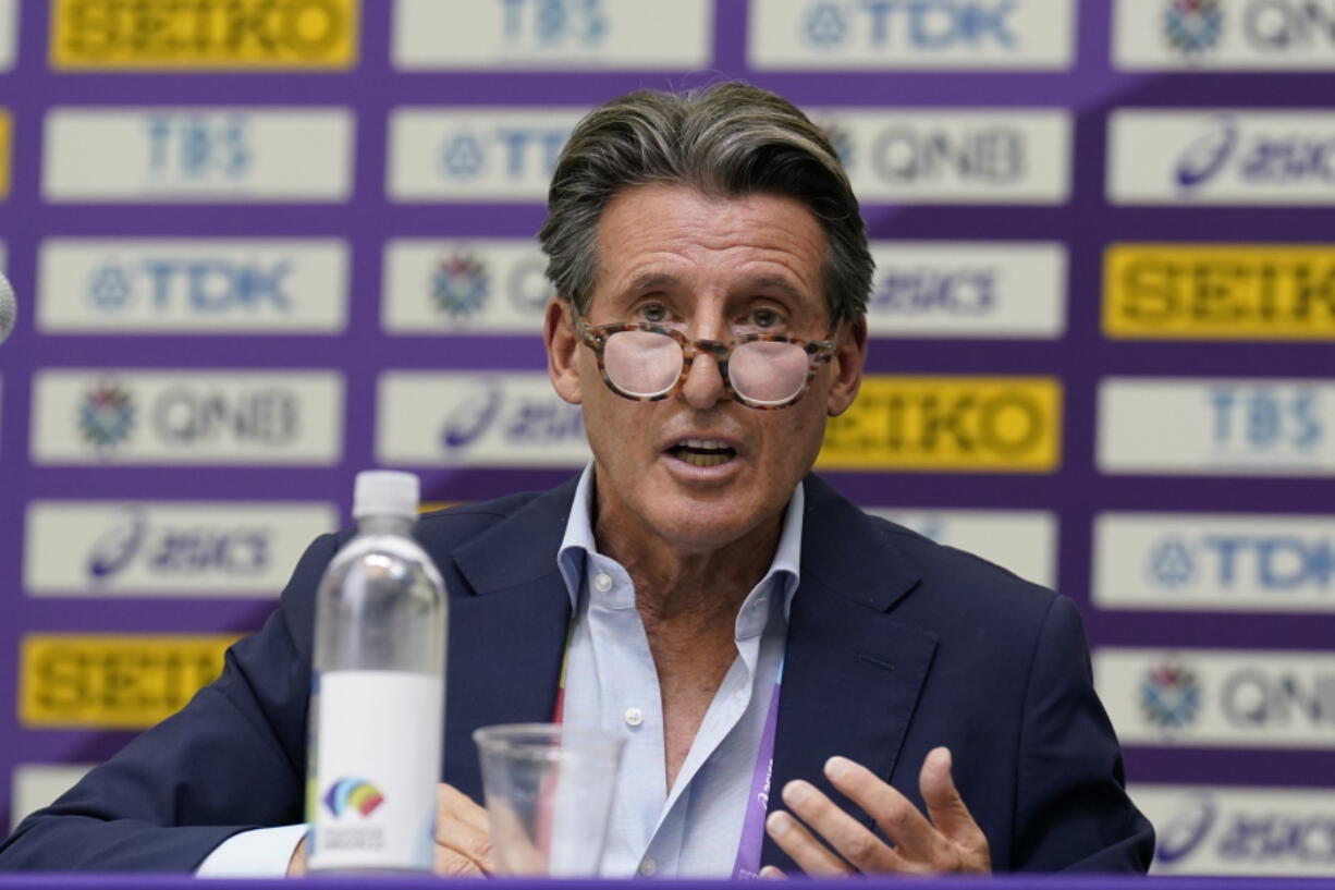 World Athletics President Sebastian Coe speaks during a news conference before the World Athletics Championships Thursday, July 14, 2022, in Eugene, Ore.