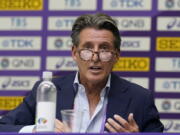 World Athletics President Sebastian Coe speaks during a news conference before the World Athletics Championships Thursday, July 14, 2022, in Eugene, Ore.