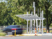 An unfinished rapid transit platform sits near the corner of East Mill Plain Boulevard and East Reserve Street in Vancouver. It will be one of 37 stations serving The Vine on Mill Plain.