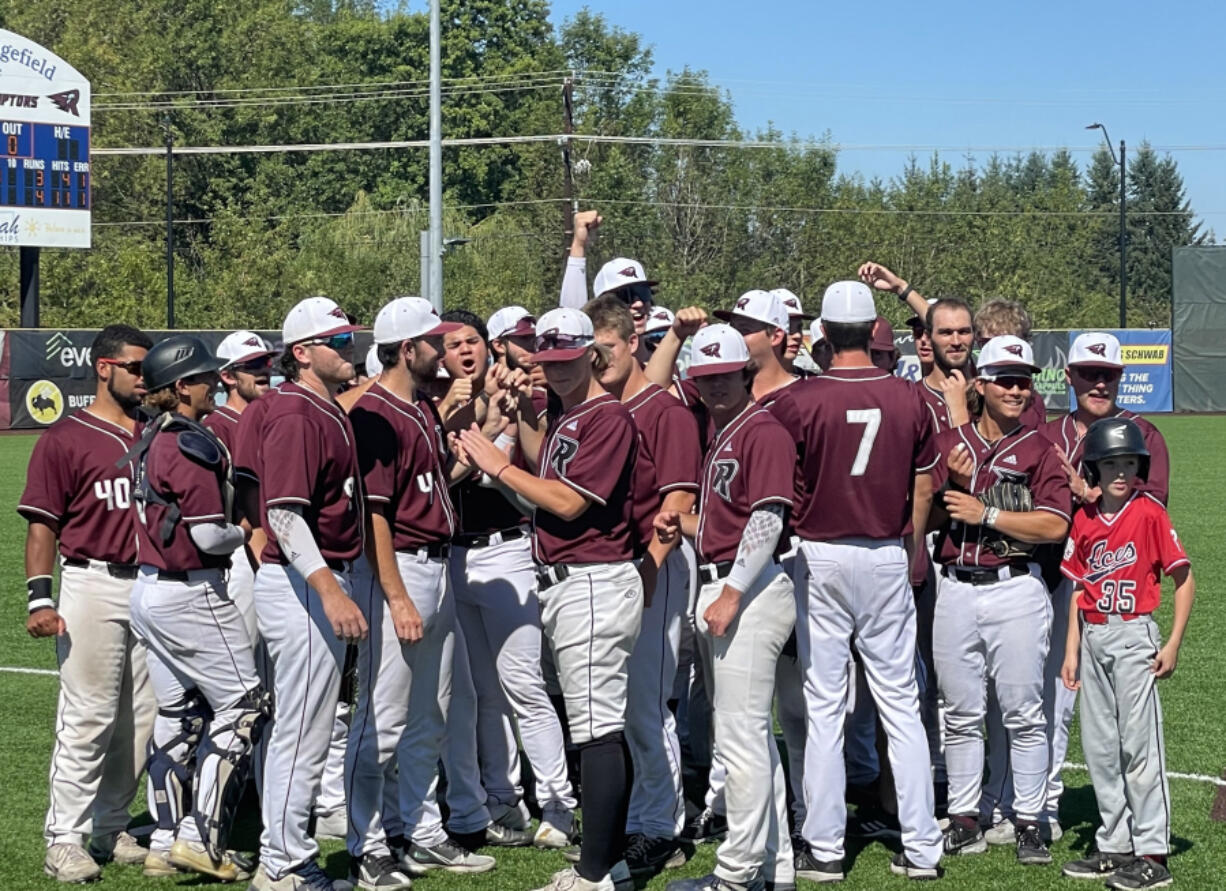 Ridgefield Raptors players break from the post-game huddle following a 4-3 win over the Corvallis Knights on Sunday in Ridgefield.