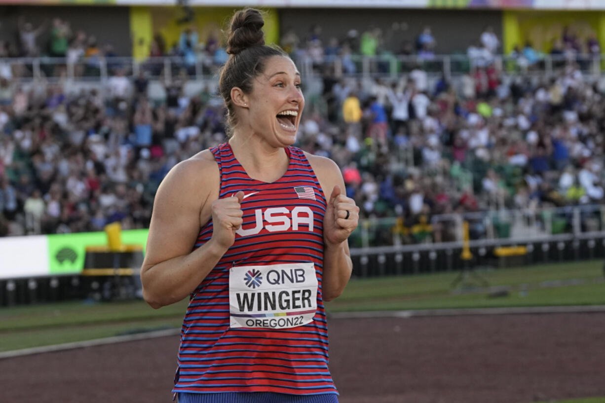 Silver medalist Kara Winger, of the United States, celebrates after the women's javelin throw at the World Athletics Championships on Friday, July 22, 2022, in Eugene, Ore.