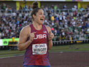 Silver medalist Kara Winger, of the United States, celebrates after the women's javelin throw at the World Athletics Championships on Friday, July 22, 2022, in Eugene, Ore.