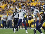 Seattle Seahawks quarterback Drew Lock (2) throws a pass during a preseason NFL football game, Saturday, Aug. 13, 2022, in Pittsburgh, PA.