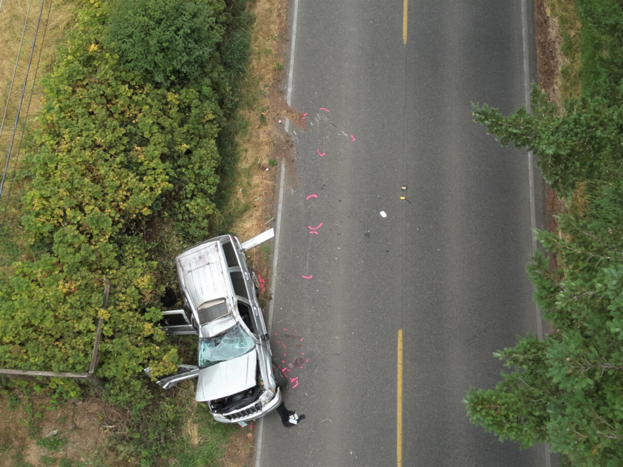 A Jeep Grand Cherokee that crashed in the 16000 block of Northeast 159th Street on Friday morning in Hockinson. Clark County sheriff's deputies say the 17-year-old driver was in critical condition Friday afternoon after being ejected from the SUV.