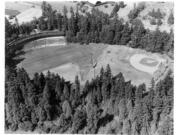 An aerial photo of Kiggins Bowl from July 19, 1968, showing old light standards from the stadium, left, being installed on the baseball diamond, right, on the northern end of the fields.