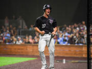 Raptors batter Riley McCarthy celebrates after scoring a run Tuesday, Aug. 9, 2022, during the Raptors’ 9-8 win against the Portland Pickles in Game 1 of the WCL playoffs at the Ridgefield Outdoor Recreation Complex.