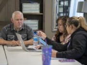 Xchange Recovery's Executive Director Bill Smith, from left, joins program director Vicky Smith and Katie Gayton, executive assistant and foundational community support coordinator, during a staff meeting on Wednesday. Xchange is gearing up for some major expansions this year that will allow the organization to provide its services for people experiencing addiction and homelessness across Clark County. The organization currently operates in Ridgefield and Battle Ground.