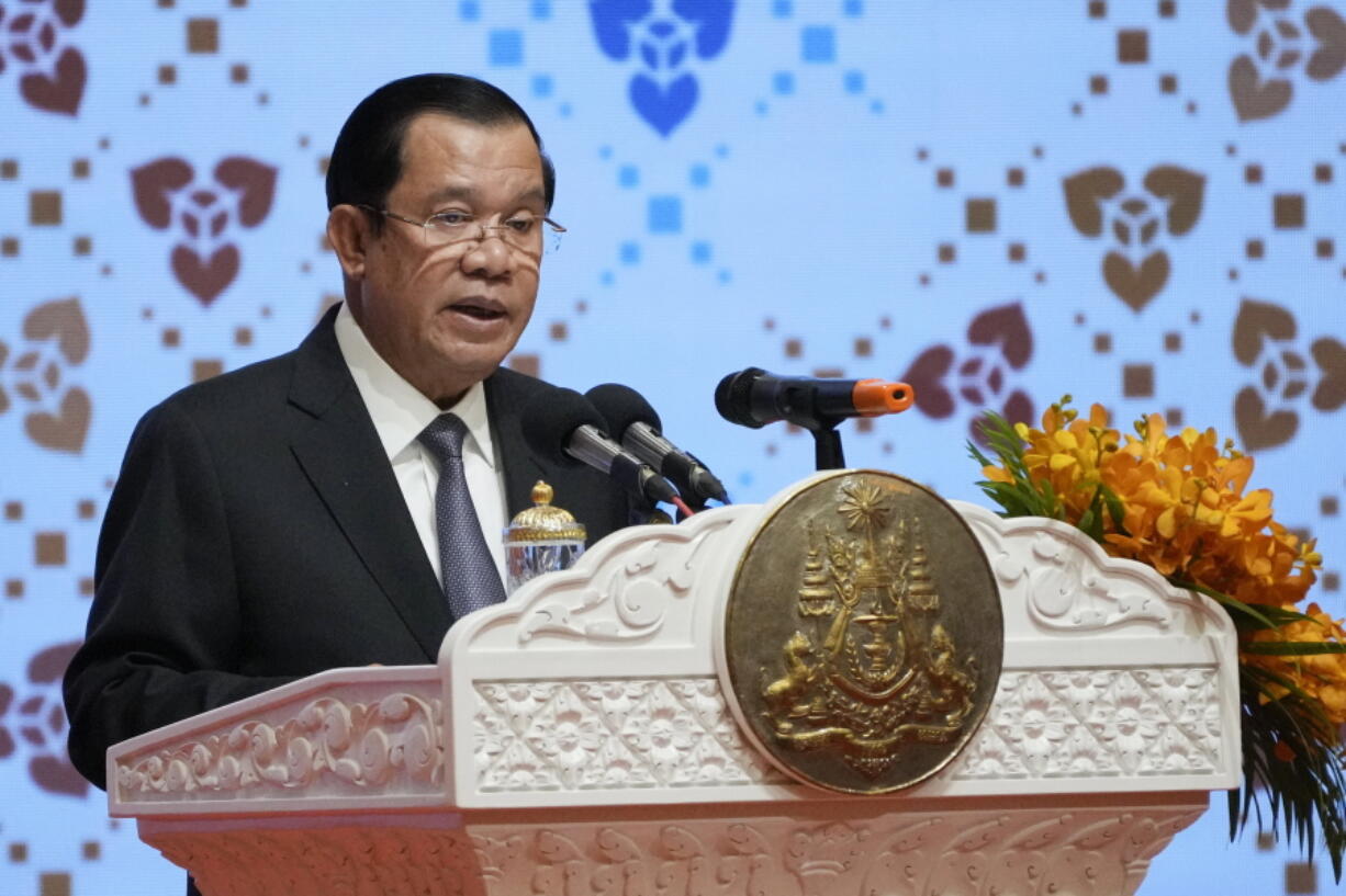 Cambodian Prime Minister Hun Sen delivers the opening speech for the 55th ASEAN Foreign Ministers' Meeting (55th AMM) at a hotel in Phnom Penh, Cambodia, Wednesday, Aug. 3, 2022. Southeast Asian foreign ministers are gathering in the Cambodian capital for meetings addressing persisting violence in Myanmar and other issues, joined by top diplomats from the United States, China, Russia and other world powers amid tensions over the invasion of Ukraine and concerns over Beijing's growing ambitions in the region.