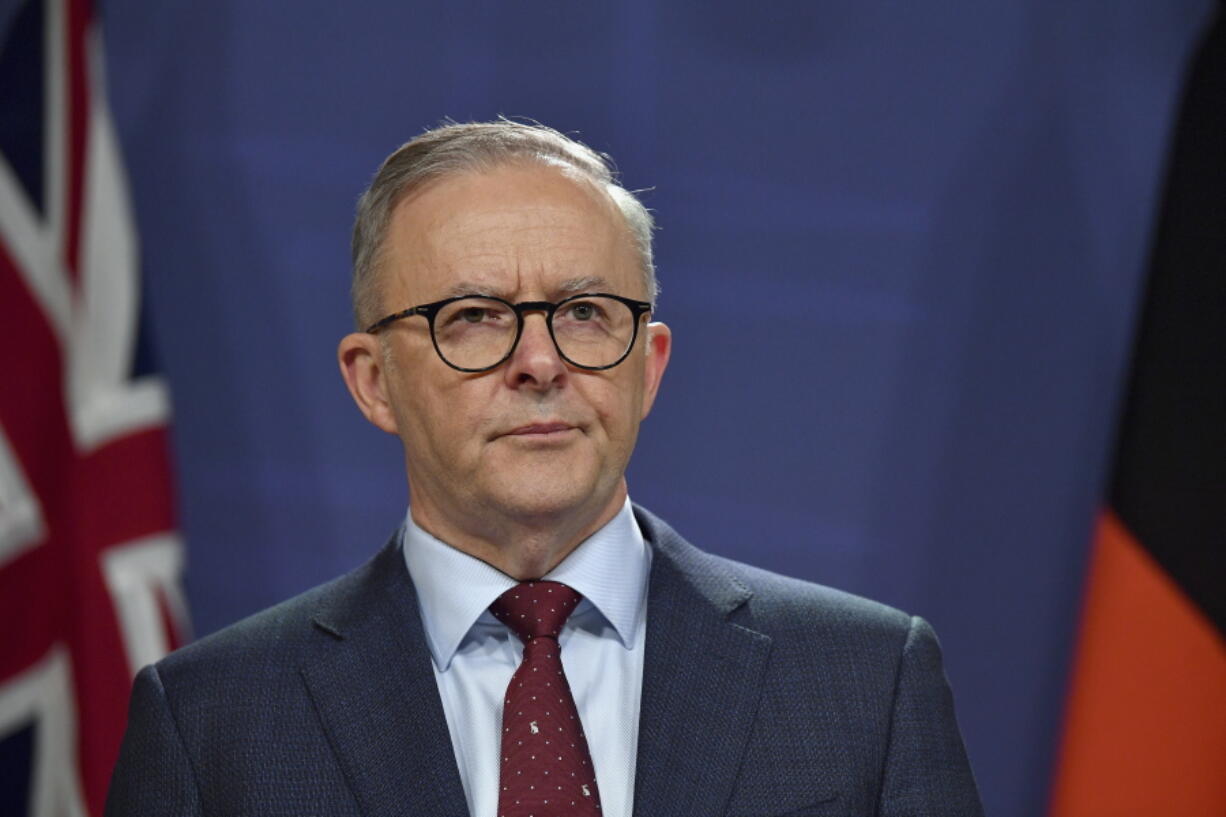 Australian Prime Minister Anthony Albanese speaks at a press conference in Sydney, Friday, Aug. 26, 2022. Albanese announced that former High Court Justice Virginia Bell will report on Nov. 25 on the findings of her inquiry into former Prime Minister Scott Morrison's secret power grab.