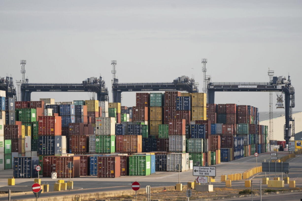 General view of the Port of Felixstowe in Suffolk, Sunday Aug. 21, 2022. Almost 2,000 workers at the U.K.'s biggest container port are launching an eight-day strike this Sunday over a pay dispute, the latest industrial action to hit the U.K. economy.