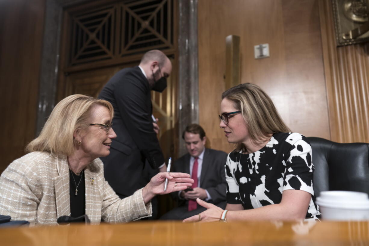 Sen. Maggie Hassan, D-N.H., left, speaks with Sen. Kyrsten Sinema, D-Ariz., during a meeting of the Senate Homeland Security Committee at the Capitol in Washington, Wednesday, Aug. 3, 2022. (AP Photo/J.