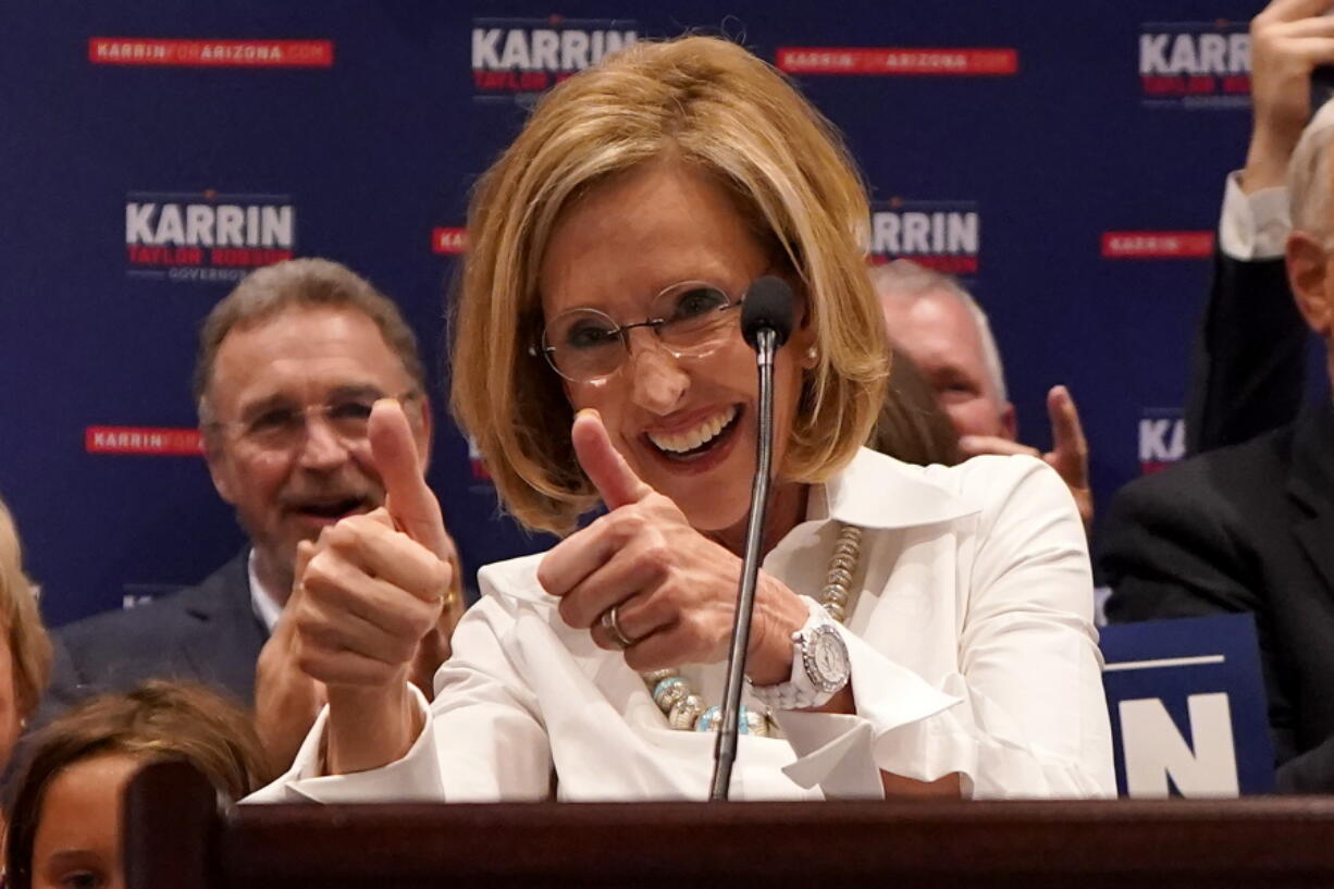 Republican Arizona Gubernatorial candidate Karrin Taylor Robson speaks to supporters at a campaign party, Tuesday, Aug. 2, 2022, in Phoenix.