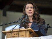 FILE - Rep. Jaime Herrera Beutler, R-Wash., speaks at a Memorial Day observance event on May 30, 2022, in Vancouver, Wash. Primary elections are behind held in six states on Tuesday.