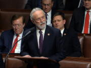 FILE - Rep. Dan Newhouse, R-Wash., speaks as the House of Representatives debates the articles of impeachment against President Donald Trump at the Capitol in Washington on Dec. 18, 2019. Newhouse was one of 10 Republicans who voted to impeach Trump last year, and is one of only two to beat back GOP challengers this year.