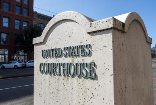 Tacoma, Washington in August 2021.United States Courthouse sign outside of Union Station in the downtown area.