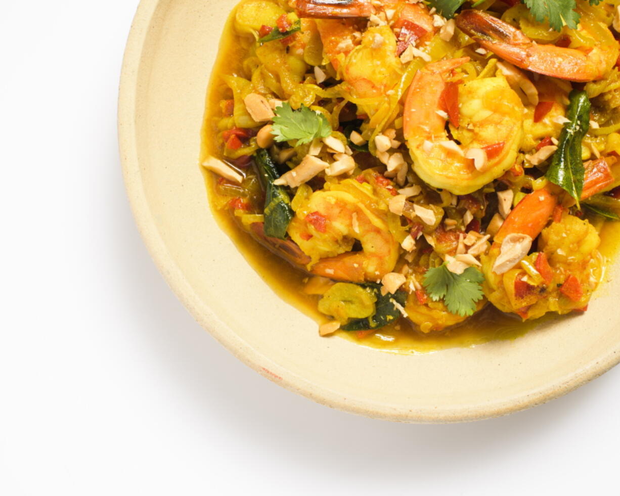 Stir-Fried Turmeric Shrimp With Shallots and Chilies.