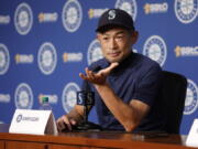 Former Seattle Mariners baseball player Ichiro Suzuki meets with the news media, Friday, Aug. 26, 2022, in Seattle the day before his induction into the Mariners' Hall of Fame.