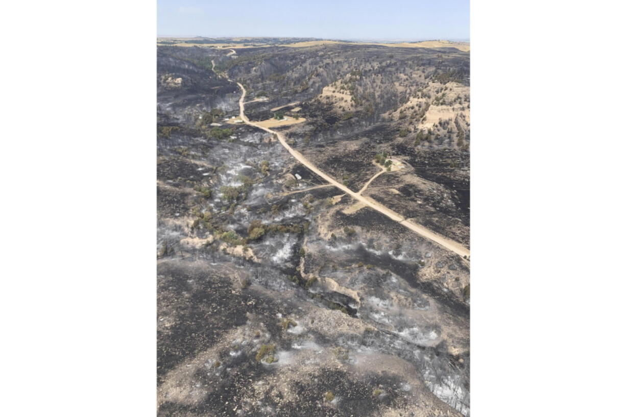 In this photo provided by the Nebraska Forest Service, the Carter Canyon wildfire burns in western Nebraska on Monday, Aug. 1, 2022 in Neb. Fire crews battling a western Nebraska wildfire that has destroyed some homes looked Tuesday, Aug, 2, to the skies with hope and trepidation as weather forecasters warned of thunderstorms.