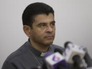 FILE - Monsignor Rolando Alvarez, bishop of Matagalpa, attends a press conference regarding the Roman Catholic Church's agreeing to act as "mediator and witness" in a national dialogue between members of civil society and the government in Managua, Nicaragua, May 3, 2018.