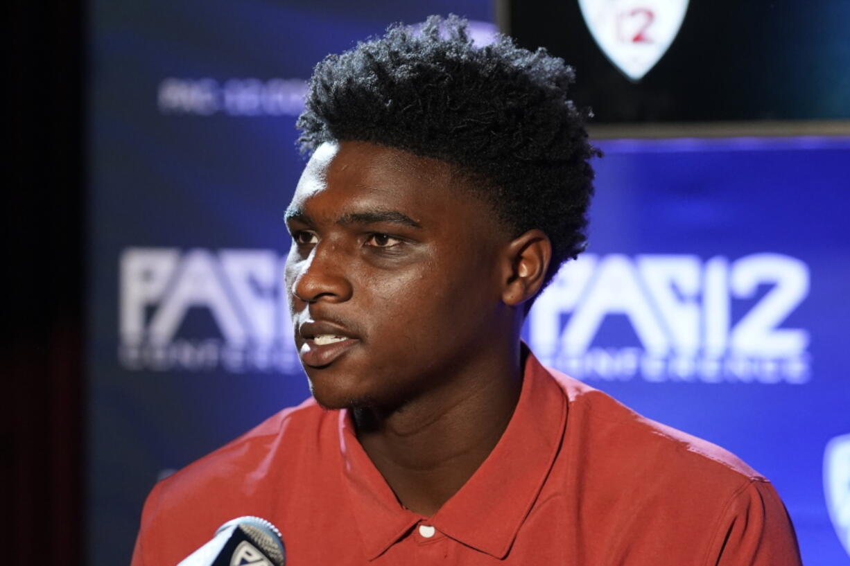 Washington State quarterback Cameron Ward speaks during the Pac-12 Conference NCAA college football media day Friday, July 29, 2022, in Los Angeles.