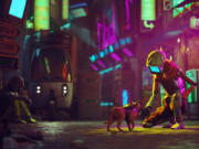 In this image provided by Annapurna Interactive, art from the "Stray" video game, developed by BlueTwelve Studio and released on July 19, 2022, is seen. The virtual cat hero from the new video game sensation "Stray" doesn't just wind along rusted pipes, leap over unidentified sludge and decode clues in a seemingly abandoned city. The popular game has resonated with cat lovers and some of them are using the game to raise money for real cats.