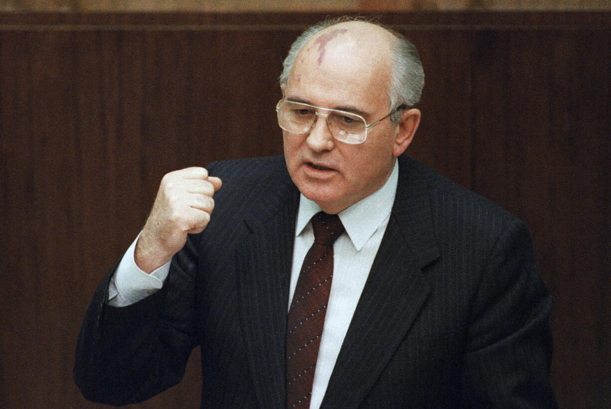 FILE - Soviet President Mikhail Gorbachev says in Moscow that a local military commander ordered the use of force in the breakaway republic of Lithuania, where an assault by Soviet troops on Jan. 13, 1991 claimed 14 lives. Russian news agencies are reporting that former Soviet President Mikhail Gorbachev has died at 91. The Tass, RIA Novosti and Interfax news agencies cited the Central Clinical Hospital.