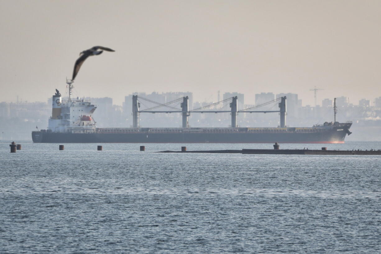 The ship Navi-Star carrying a load of corn starts its way from the port in Odesa, Ukraine, Friday, Aug. 5, 2022. Ukraine is a major global grain supplier but the war had blocked most exports, so the July 22 deal aimed to ease food security around the globe. World food prices have been soaring in a crisis blamed on the war, supply chain problems and COVID-19.