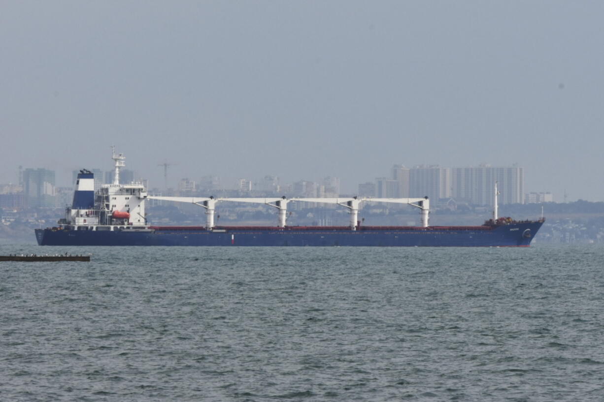 The bulk carrier Razoni starts its way from the port in Odesa, Ukraine, Monday, Aug. 1, 2022. According to Ukraine's Ministry of Infrastructure, the ship under Sierra Leone's flag is carrying 26 thousand tons of Ukrainian corn to Lebanon. The first ship carrying Ukrainian grain set off from the port of Odesa on Monday under an internationally brokered deal and is expected to reach Istanbul on Tuesday, where it will be inspected, before being allowed to proceed.