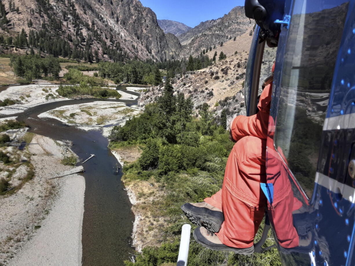 FILE - This photo provided by the Idaho Department of Fish and Game shows fisheries biologist Eli Felts looking down at Loon Creek to count chinook salmon spawning beds in the Frank Church River of No Return Wilderness, Idaho, on Sept. 9, 2020. A five-year review by U.S. officials has determined that Endangered Species Act protections for ocean-going salmon and steelhead that reproduce in the Snake River and its tributaries in Idaho must remain in place.