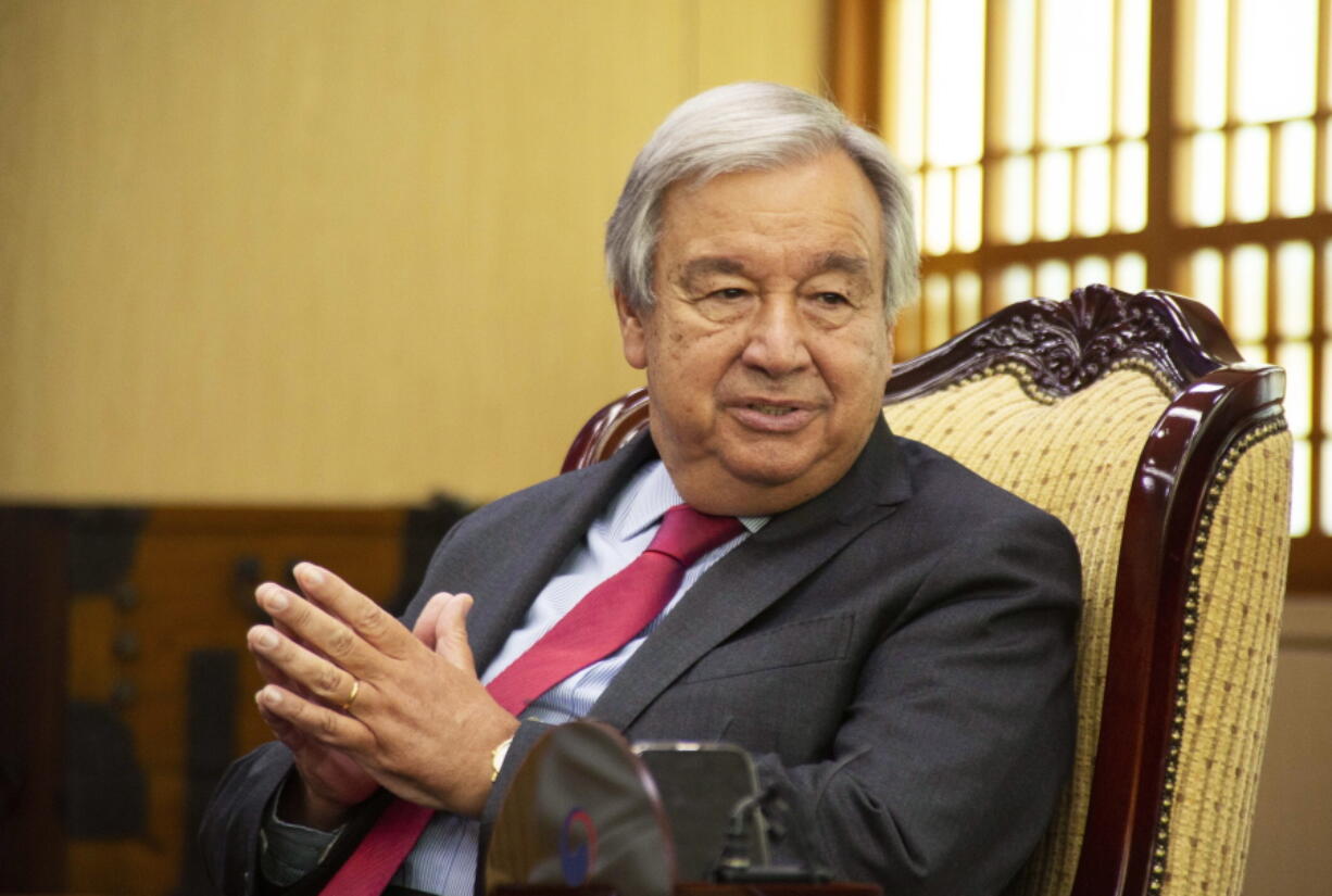 U.N. Secretary-General Antonio Guterres talks with South Korean Foreign Minister Park Jin during their meeting at the Foreign Ministry in Seoul, South Korea, Friday, Aug. 12, 2022.