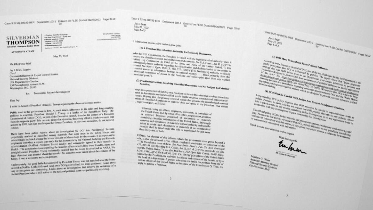 A letter from M. Evan Corcoran, one of former President Donald Trump's attorneys, that was in the affidavit by the FBI in support of obtaining a search warrant for former President Donald Trump's Mar-a-Lago estate is photographed Friday, Aug. 26, 2022. U.S. Magistrate Judge Bruce Reinhart ordered the Justice Department to make public a redacted version of the affidavit it relied on when federal agents searched Trump's estate to look for classified documents.