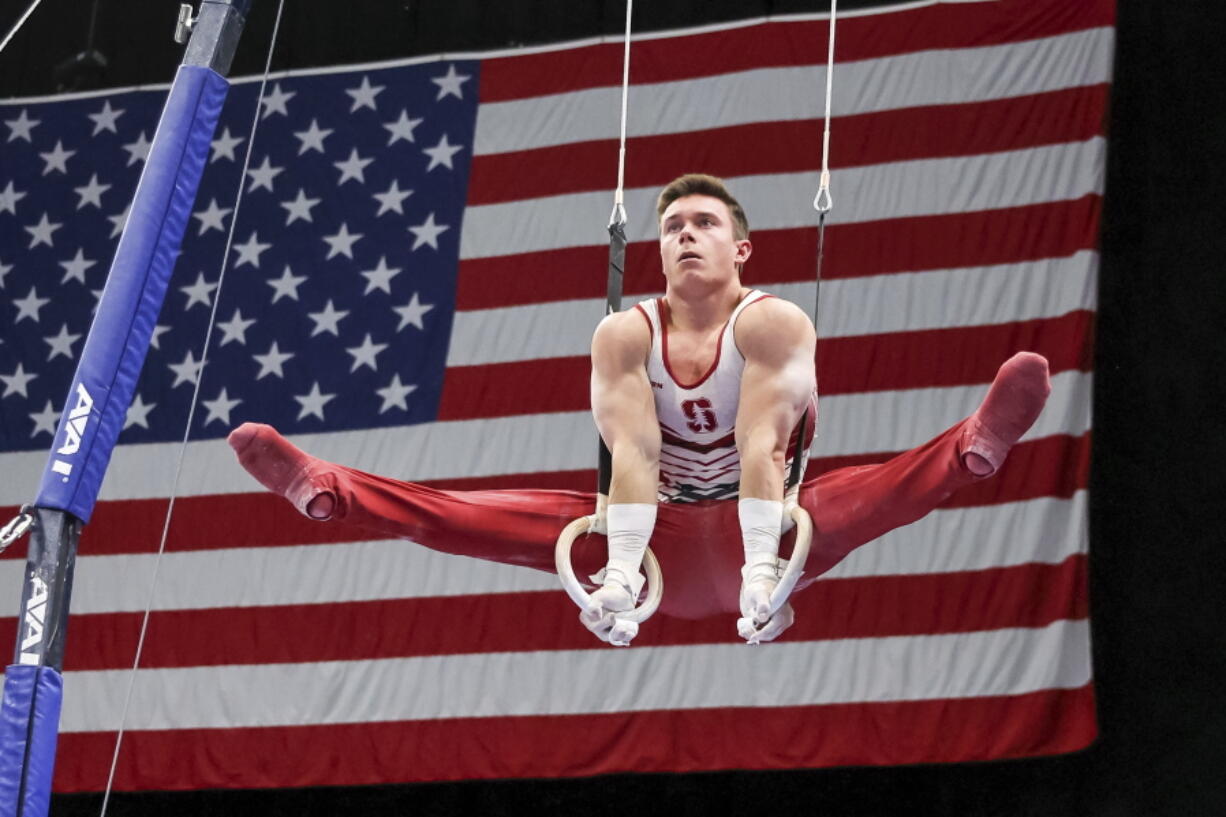 Brody Malone competes on the rings during the U.S. Gymnastics Championships, Saturday, Aug.