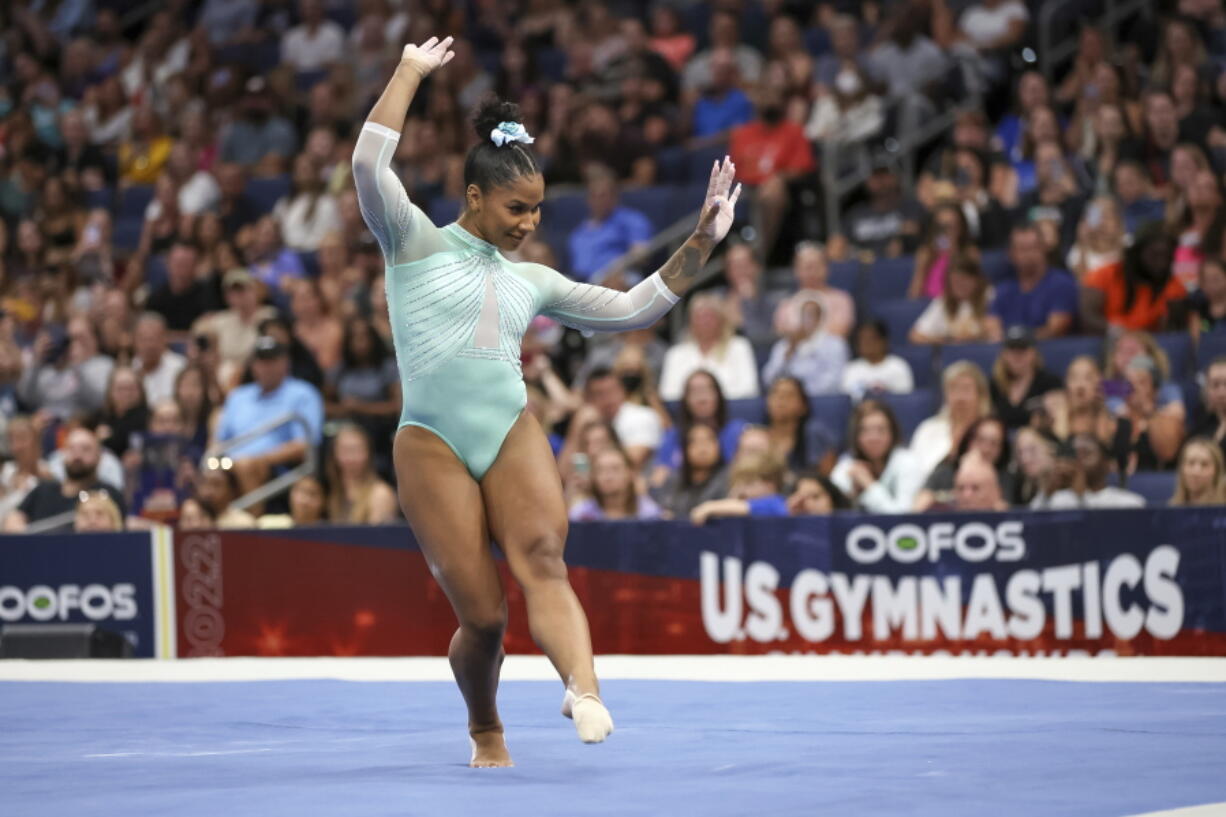 Jordan Chiles competes on the floor during the U.S. Gymnastics Championships Friday, Aug.