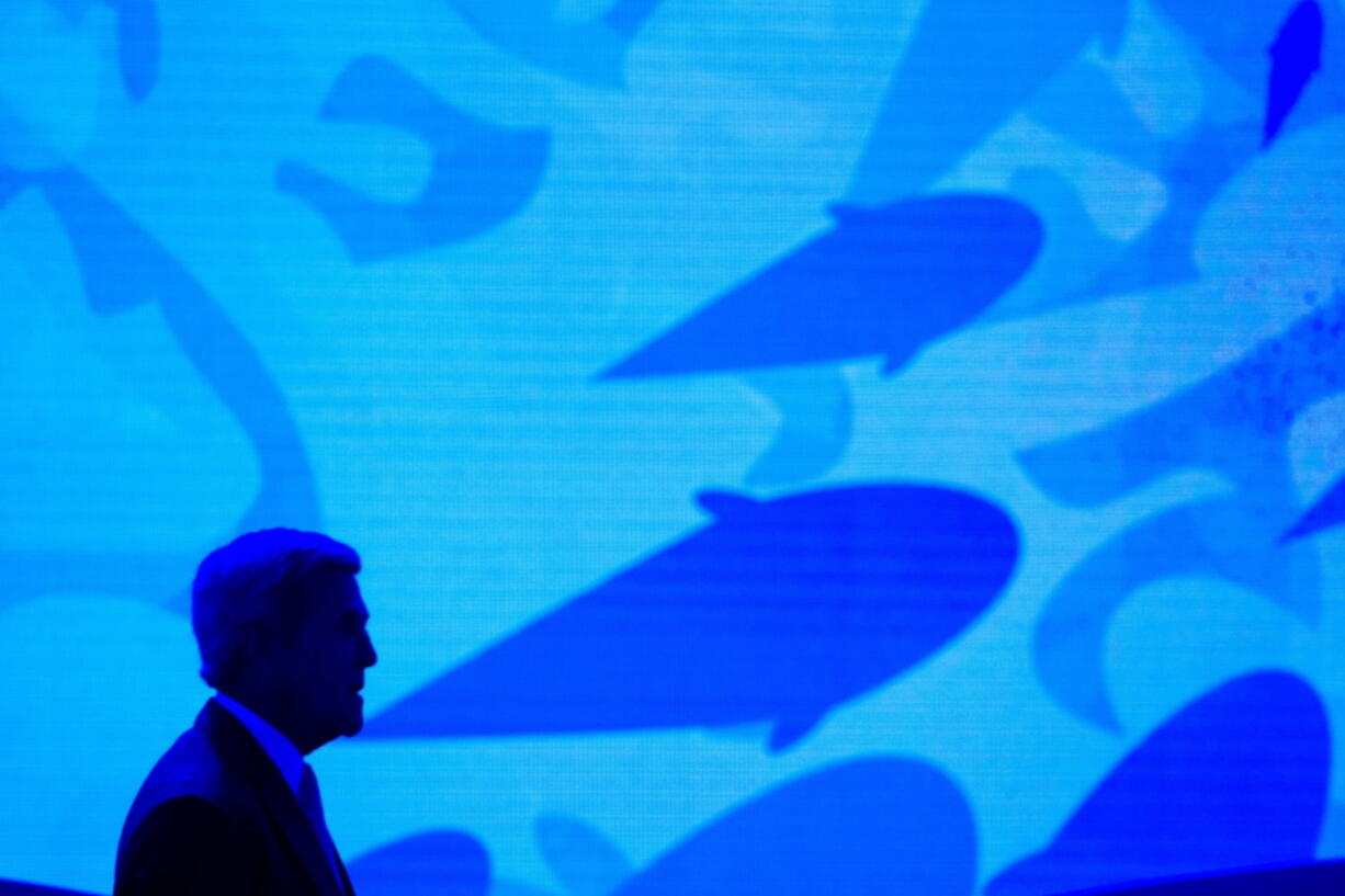 Secretary of State John Kerry stands onstage against a video backdrop of ocean life during the Our Ocean, One Future conference at the State Department in Washington, Thursday, Sept. 15, 2016. Diplomats from around the world have failed to reach agreement on a United Nations treaty designed to protect marine life on the high seas. A fifth round of talks ended in impasse early Saturday when negotiations at United Nations headquarters in New York were suspended after two weeks.