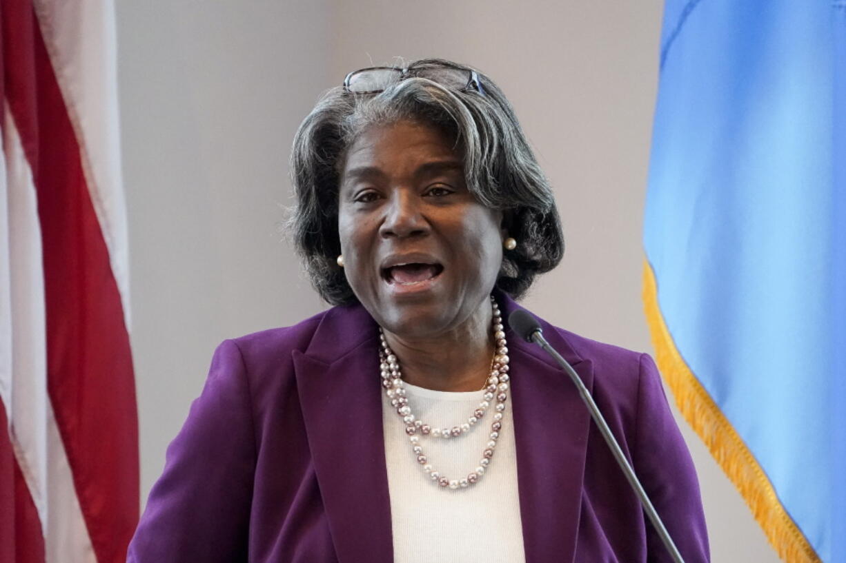 FILE - Linda Thomas-Greenfield, U.S. ambassador to the United Nations, introduces U.S. Secretary of State Antony Blinken before a town hall at the U.S. Mission to the United Nations with members of staff on May 19, 2022, in New York. The U.S. ambassador to the United Nations headed to Africa on Wednesday, Aug. 3, 2022, saying she was going to focus on how the United State can help Uganda, Ghana and Cape Verde deal with the food crisis that has hit the continent particularly hard, not to compete with China and Russia.