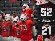 In this social media post by UNLV football, receiver Zyell Griffin celebrates catching a touchdown in a 52-21 win over Idaho State.