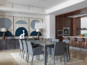 Blue art pieces make a strong statement in this dining space.