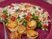 Quick Spinach and Tomato "Risotto" with Seared Scallops.