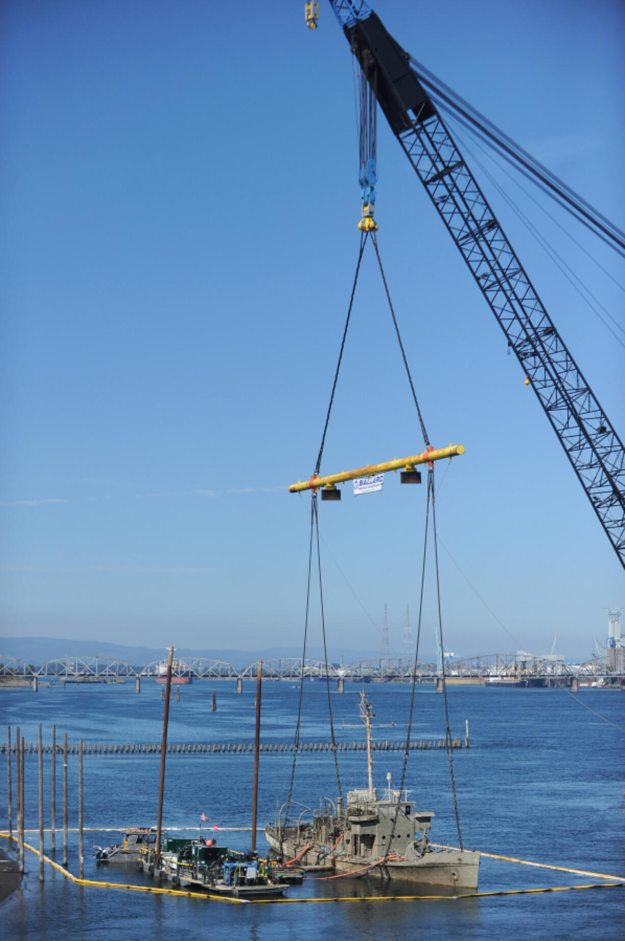 The D.B. Pacific Lifter ship, the largest crane ship on the West Coast, was brought in to help left the Alert from the Columbia River. A naval engineer will assess the Alert’s hull to ensure it remains intact.