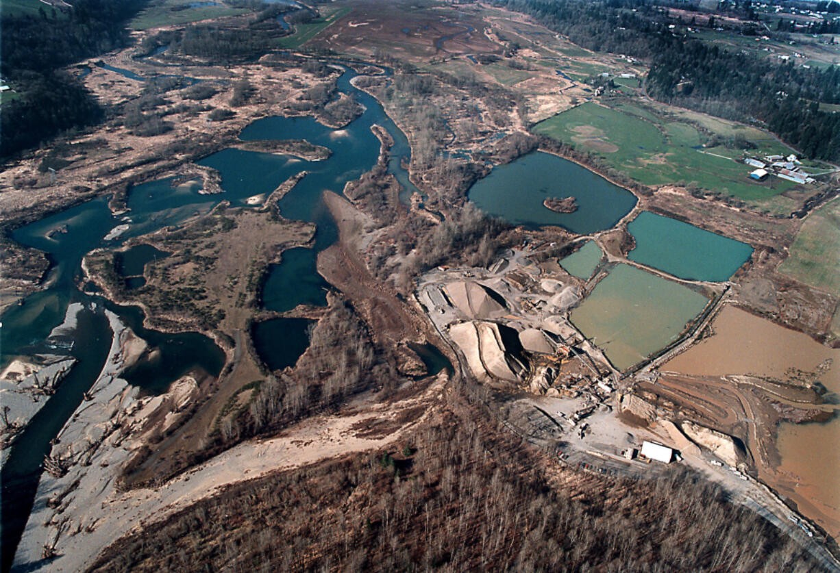 The Storedahl Gravel Pit and the old Ridgefield Pits, seen in February 2000, where the East Fork Lewis River has been severely altered, affecting the river downstream in profound ways.